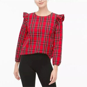 J Crew Ruffle Sleeve Top  in Red Stewart Tartan Size XXS NWT